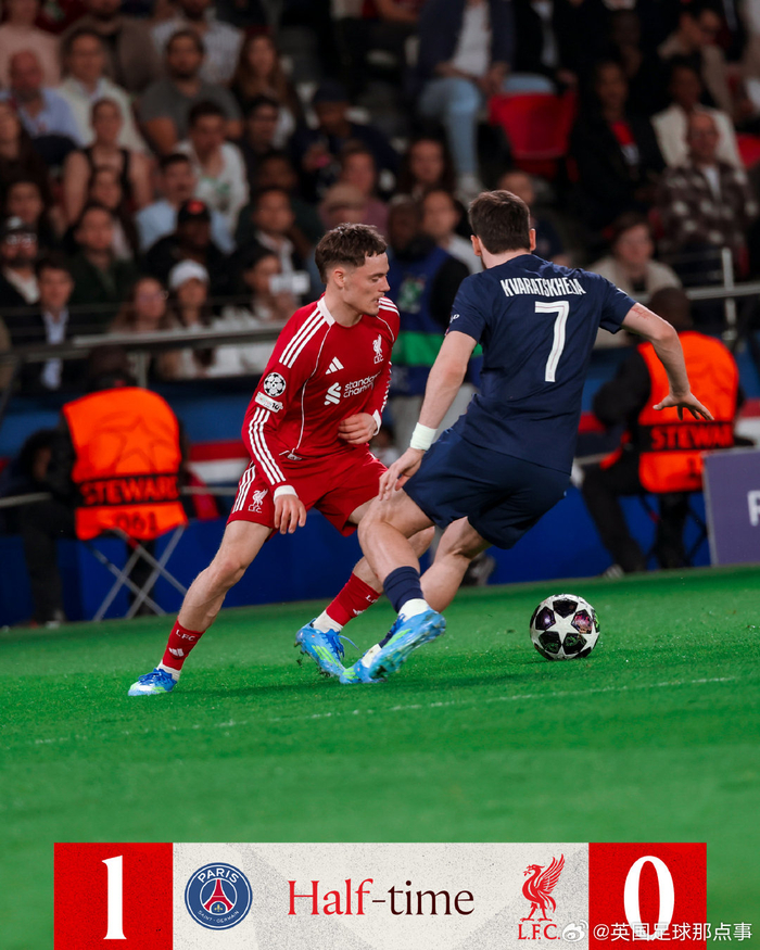 巴黎圣日耳曼半场1-0领先利物浦 战术博弈引球迷